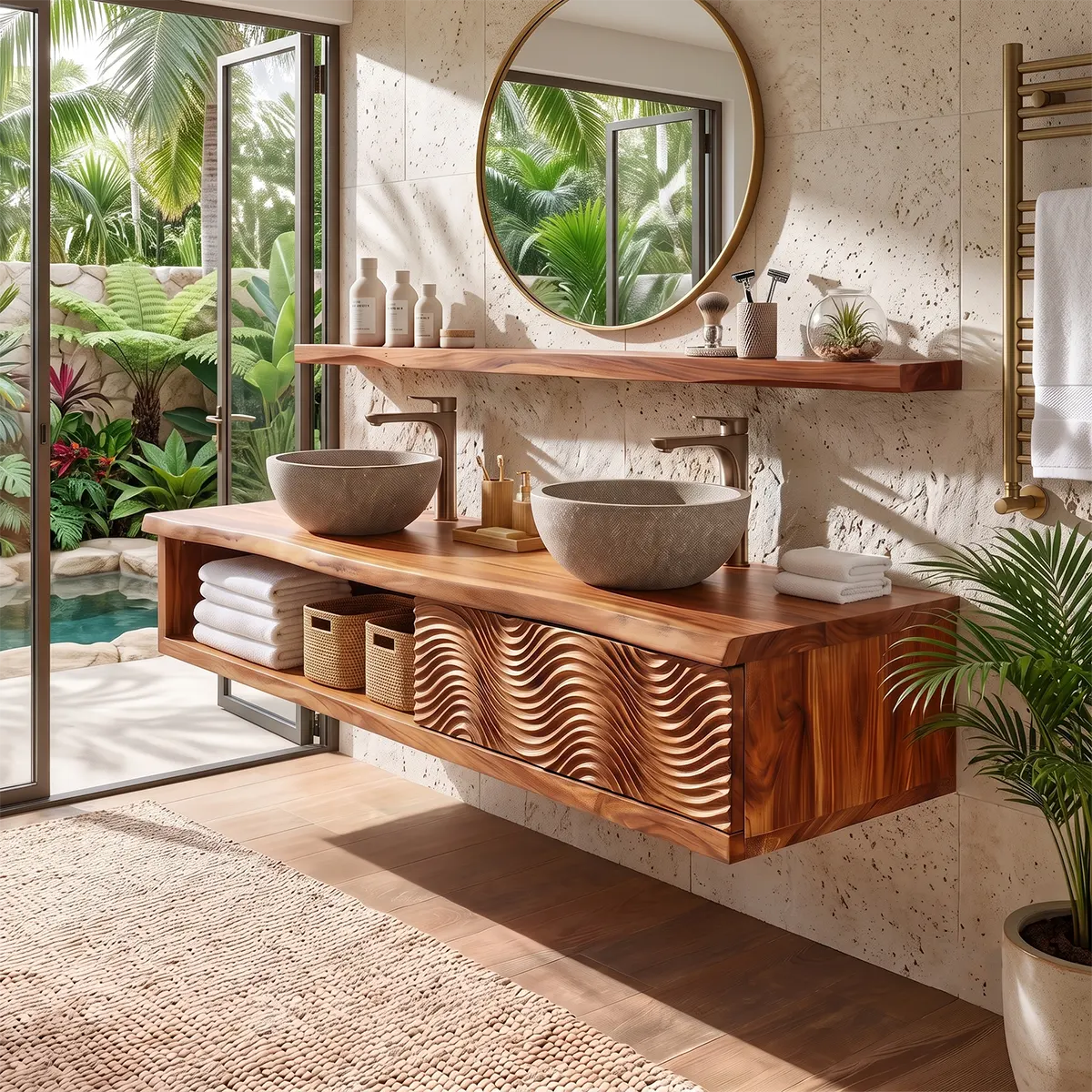 Floating Double Sink Solid Wood Bathroom Vanity | Live Edge Wood Vanity with Open Shelf & Carved Hinged Cabinet TT006-9PJD5EI