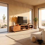 Modern TV Stand with Enclosed Storage & 4 Open Shelves | Curved Media Console