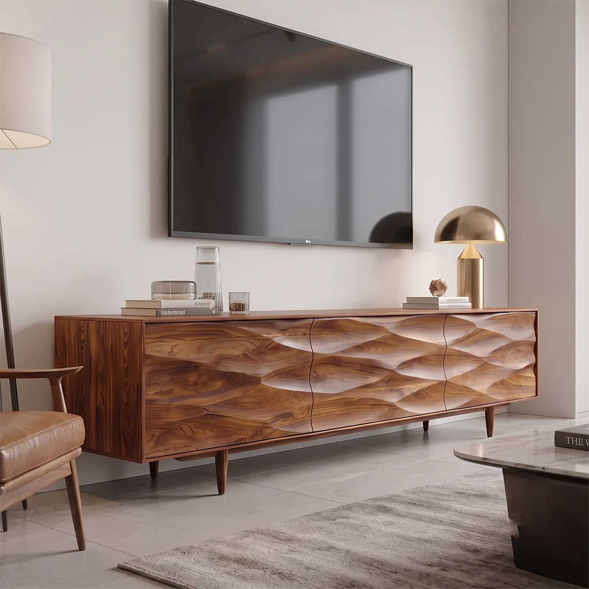 Sculptural Wave 3-Door TV Stand | Modern Carved Media Console