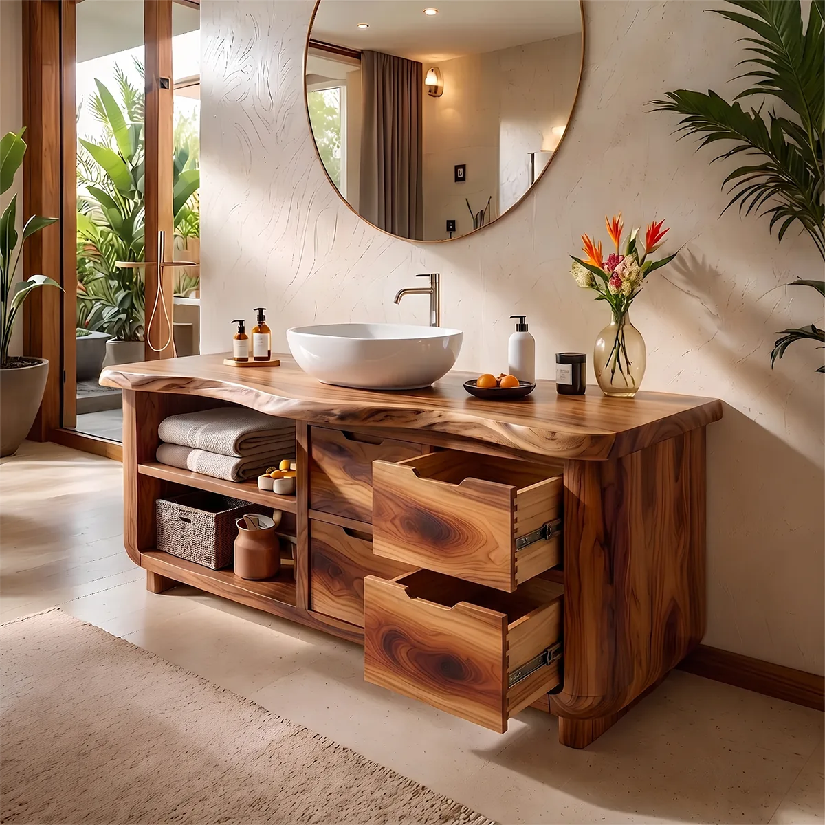 Organic Live Edge Bathroom Vanity with Open Shelving & Storage Drawers TH003-2XFK6JI