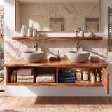Floating Double Sink Solid Wood Bathroom Vanity | Live Edge Wood Vanity with Open Shelf & Carved Hinged Cabinet TT006-9PJD5EI