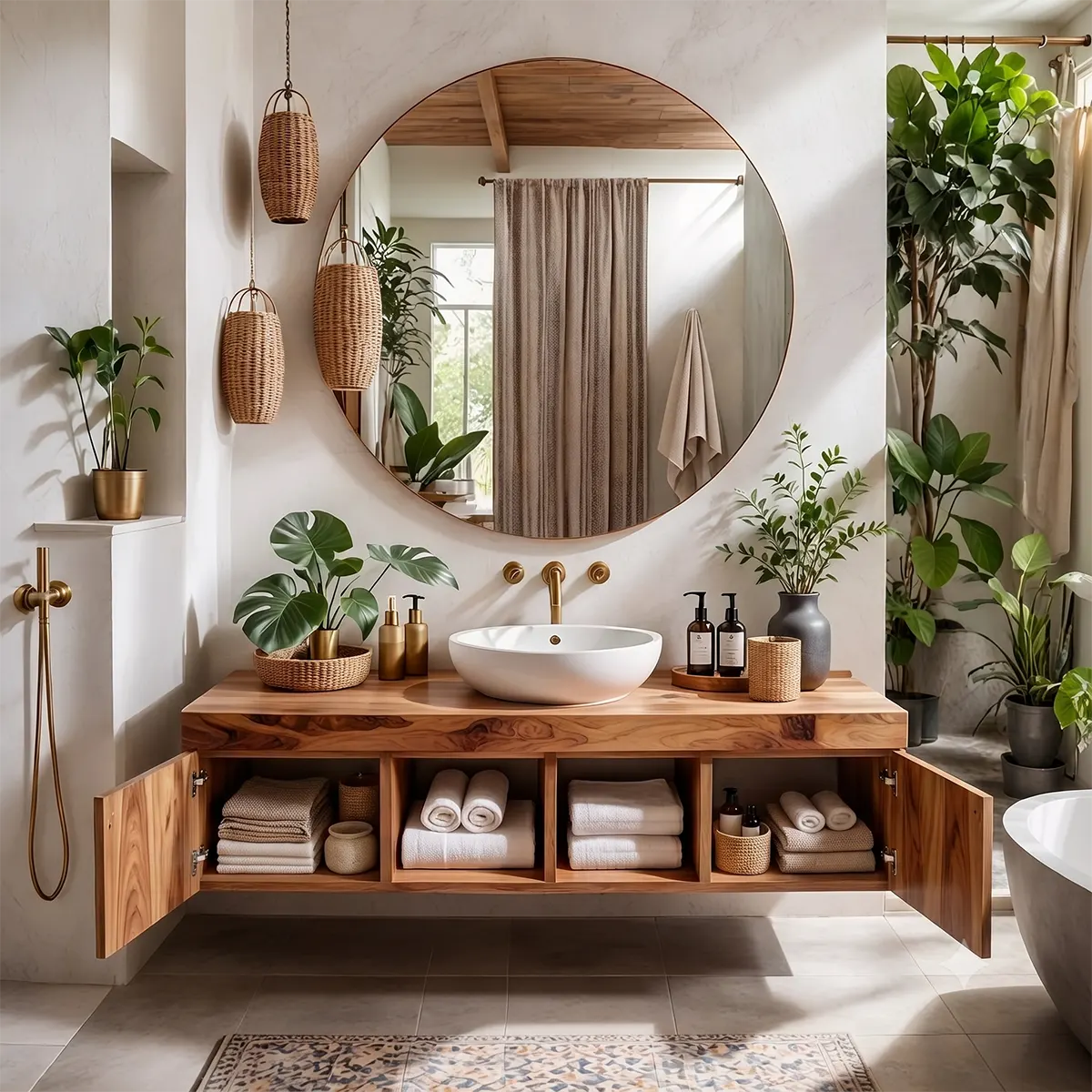Floating Solid Wood Bathroom Vanity | Modern Bathroom Vanity with Side Cabinets and Open Shelves TT006-6ICG7SP