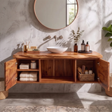 Floating Solid Wood Bathroom Vanity | Live Edge Bathroom Vanity with Double Door Storage and Open Shelf TT006-5OZQ9AW
