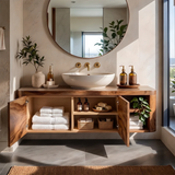 Floating Solid Wood Bathroom Vanity | Wall Mounted Single Sink Vanity with 2 Hinged Cabinets & Open Shelf TT006-6DFI9SI