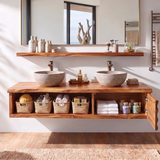 Floating Double Sink Solid Wood Bathroom Vanity | Modern Wood Vanity with Open Shelf & Carved Hinged Cabinet TT006-1ERI1VM