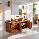 Floating Solid Wood Bathroom Vanity | Modern Bathroom Vanity with Drawers, Cabinet and Open Shelf TT006-6VOS2CB