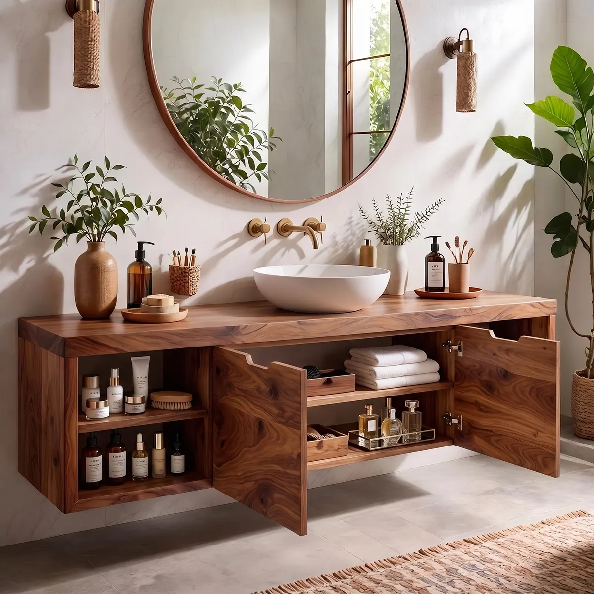 Floating Solid Wood Bathroom Vanity | Wall Mounted Single Sink Vanity with Double-Door Cabinet & Open Shelves TT006-9KLL6LF