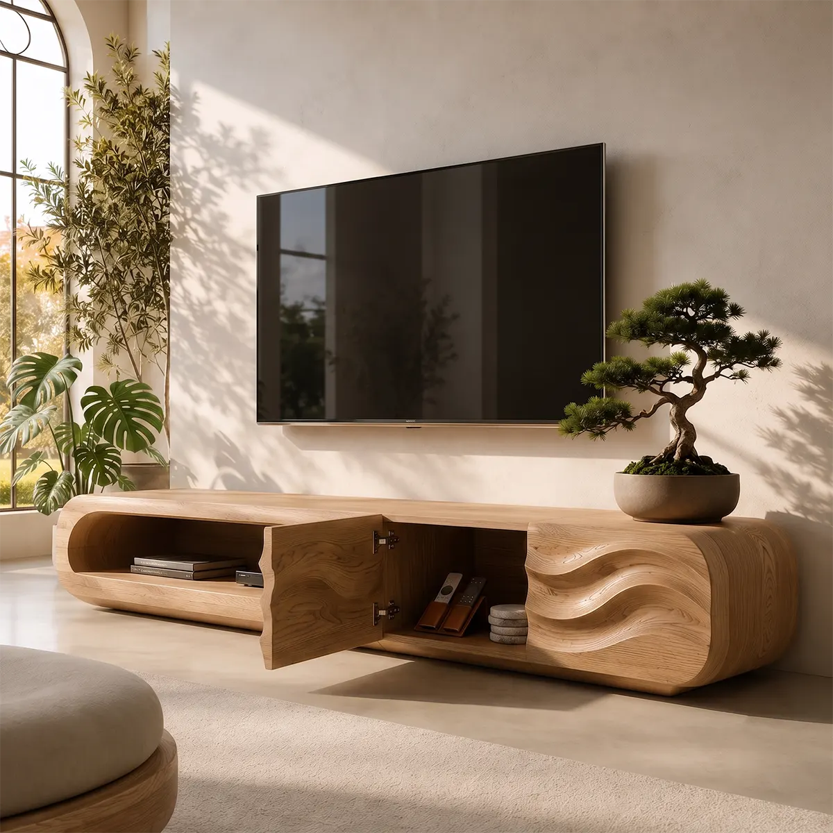 Organic Modern TV Stand with Open Shelf & Two Sculpted Storage Cabinets TT006-8YEU8CV