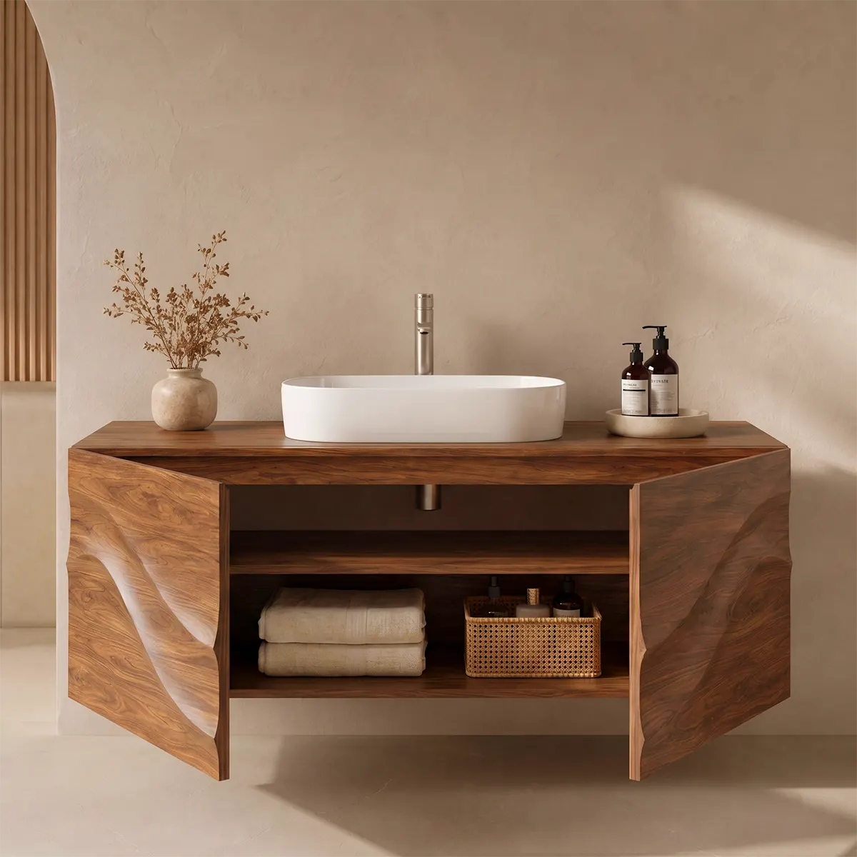 Floating Bathroom Vanity with 2 Doors | Sculpted Wave Front Wall Mounted Vanity Cabinet