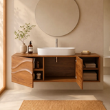 Floating Bathroom Vanity with 2 Doors | Carved Wave Front & Open Storage Shelves