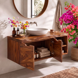Floating Solid Wood Bathroom Vanity | Wall Mounted Single Sink Vanity with Double-Door Cabinet & Open Side Shelves TT006-8RLE6IL