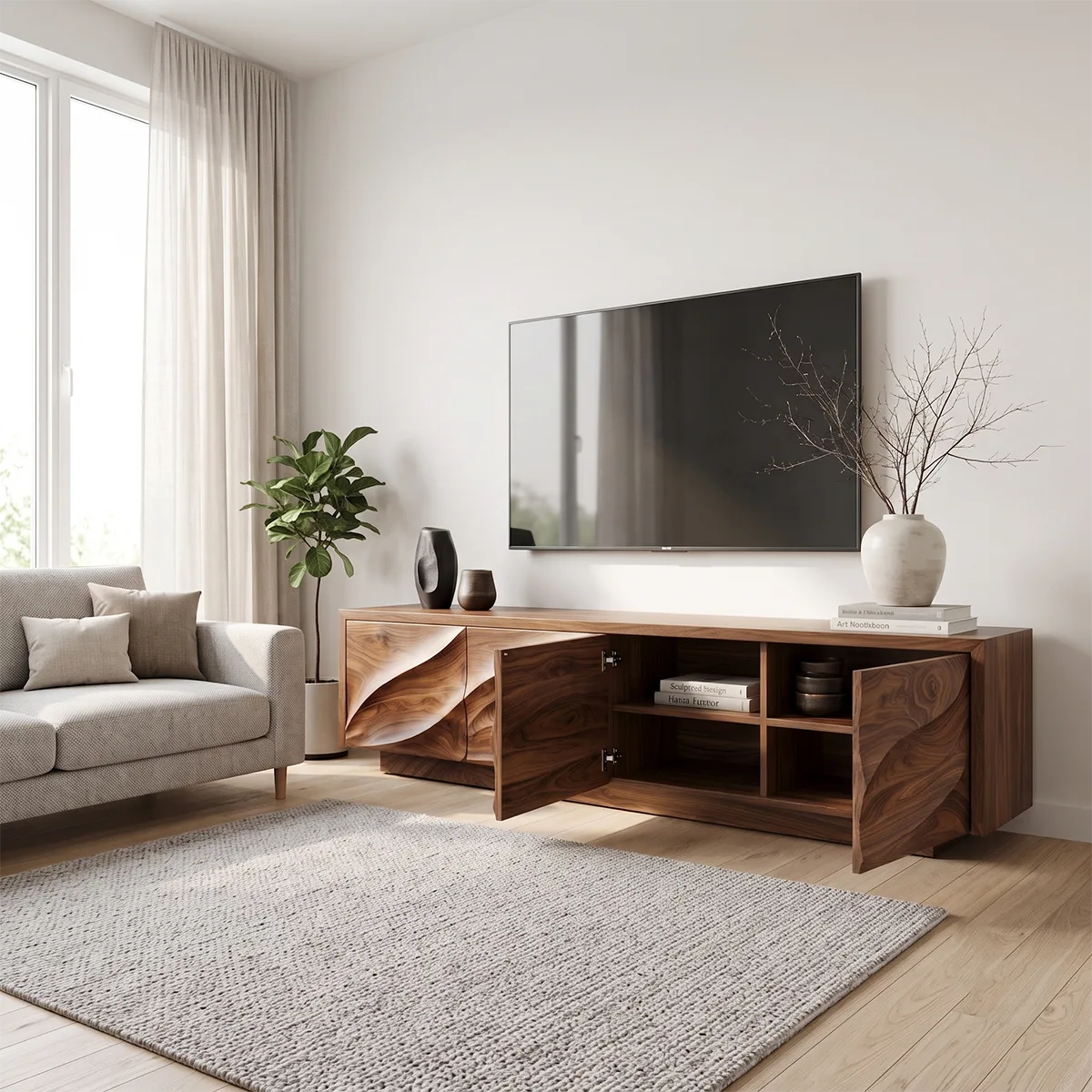 Modern Organic TV Stand with Sculpted Cabinets | Media Console TT006-9MXD1HU