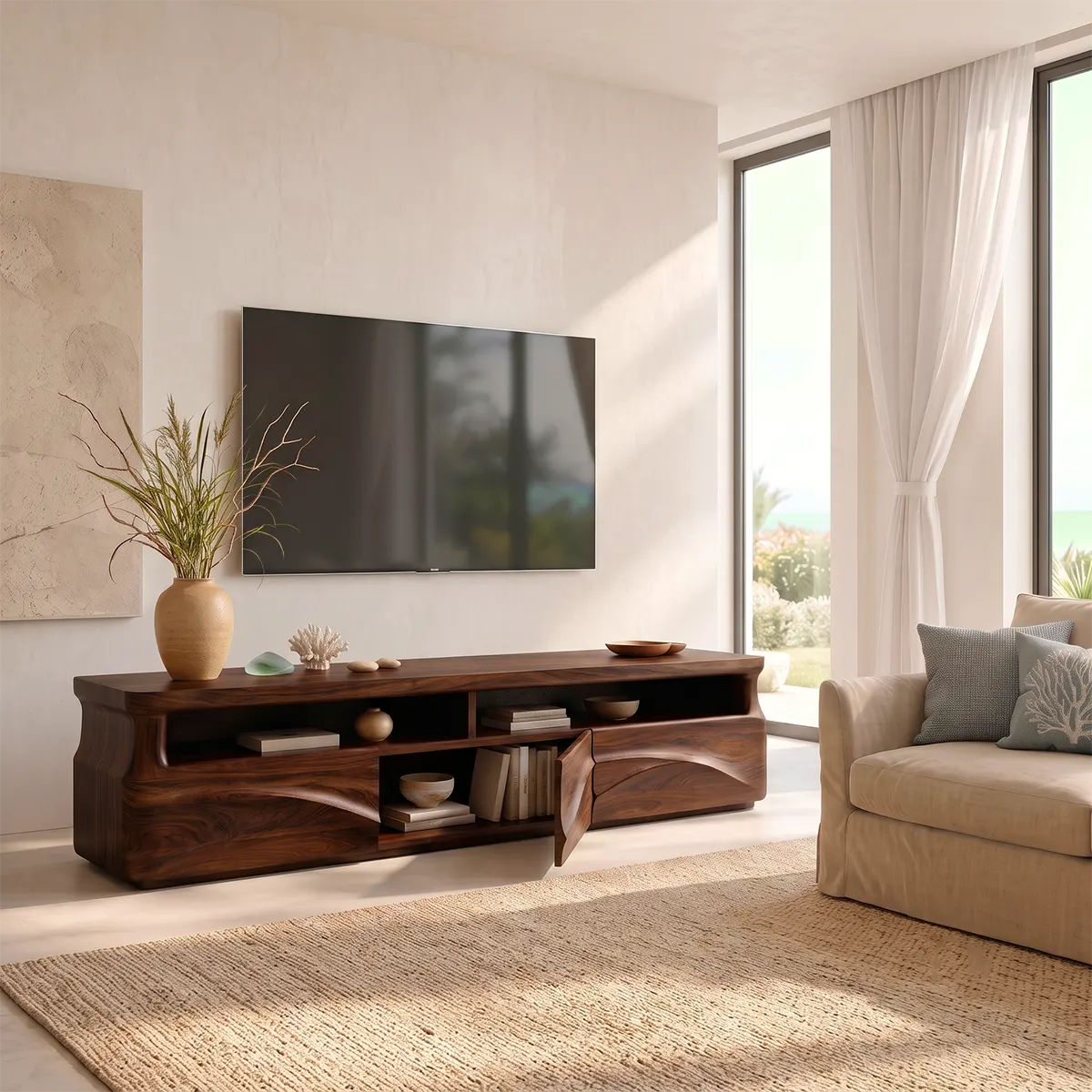 Modern Organic TV Stand with Sculpted Cabinets | Open Display Media Console TT006-5EKO4LA