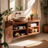 Floating Solid Wood Bathroom Vanity with Single-Door Cabinet & Open Shelves | Wall Mounted Bathroom Vanity with Fixed Storage TT006-5WWS2ST