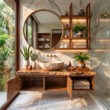 Floating Solid Wood Bathroom Vanity with Double-Door Cabinet & Open Shelf | Wall Mounted Live Edge Bathroom Vanity TT006-4KRU4XR