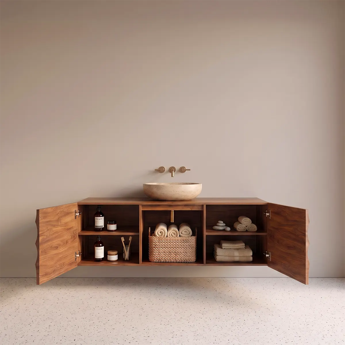 Floating Bathroom Vanity with 2 Sculpted Wave Doors & Center Open Storage Compartment