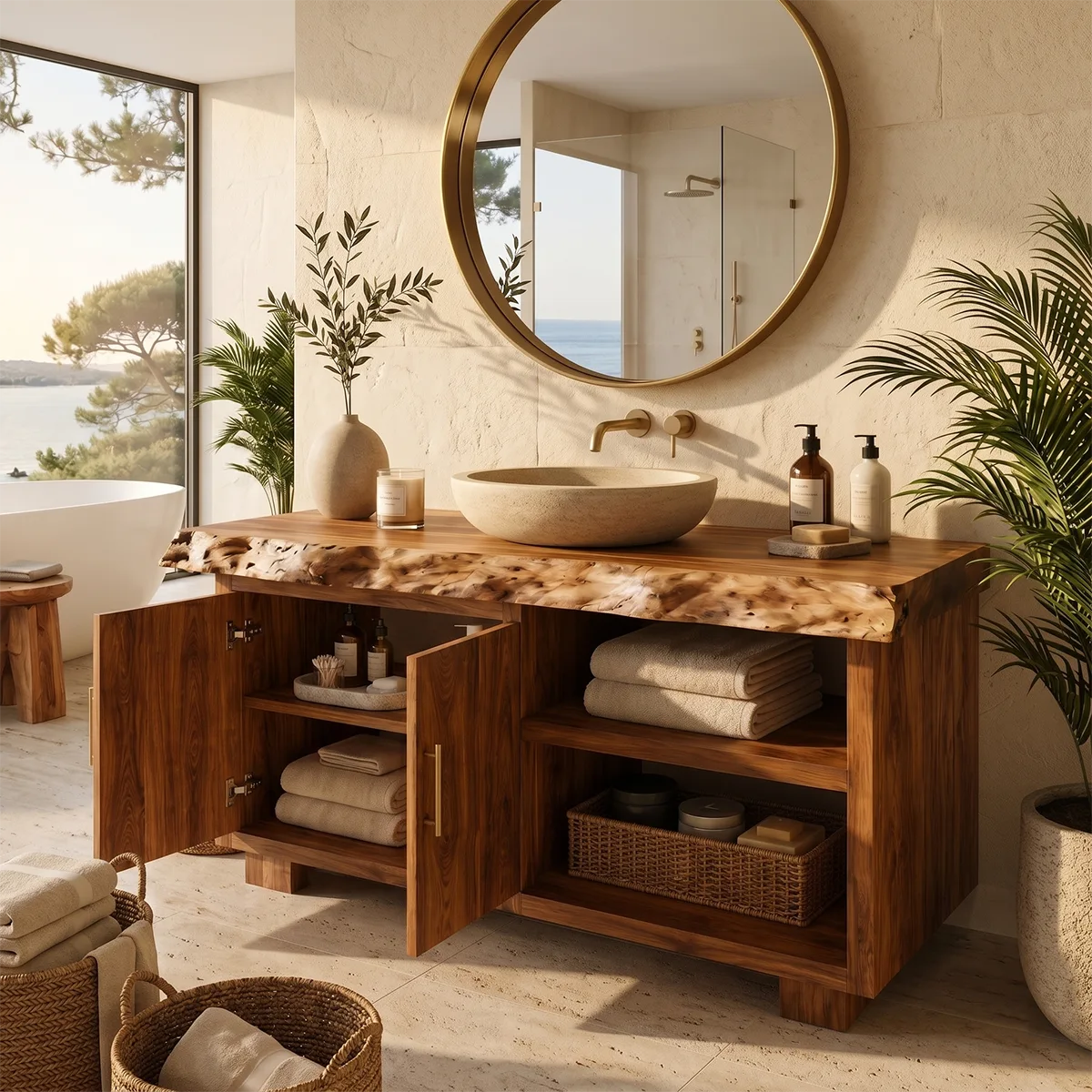 Freestanding Bathroom Vanity with 2 Doors & Open Shelves | Live Edge Vanity Cabinet with Storage