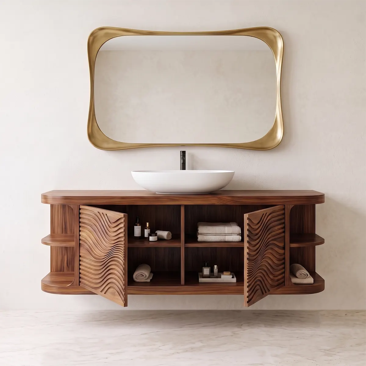 Floating Solid Wood Bathroom Vanity with Double-Door Cabinet & Open Shelves | Wall Mounted Bathroom Vanity with Wave Carved Doors TT006-3MZX2XI