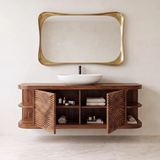 Floating Solid Wood Bathroom Vanity with Double-Door Cabinet & Open Shelves | Wall Mounted Bathroom Vanity with Wave Carved Doors TT006-3MZX2XI