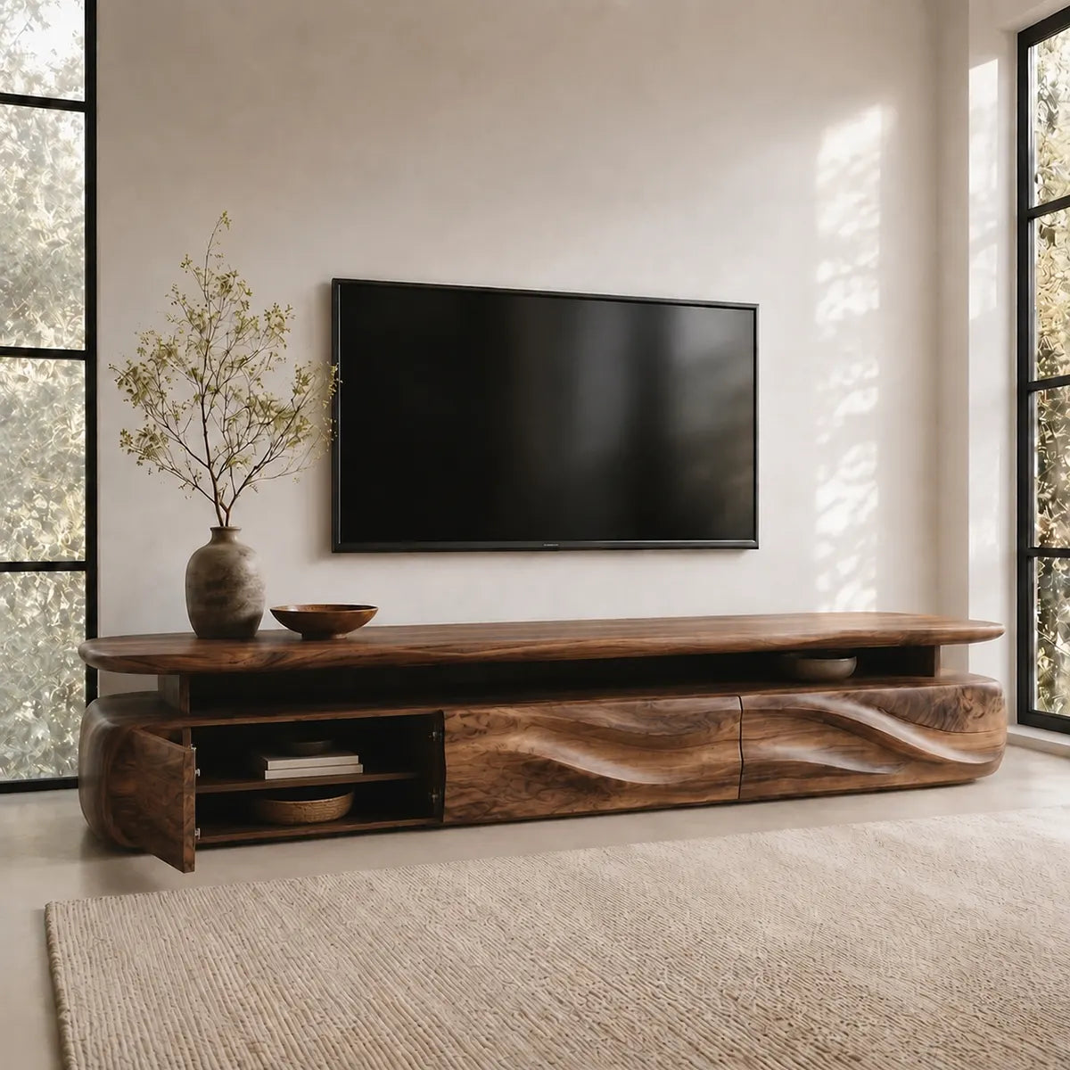 Modern Organic TV Stand with Three Sculpted Cabinets | Open Display Media Console TT006-3GCV7CG