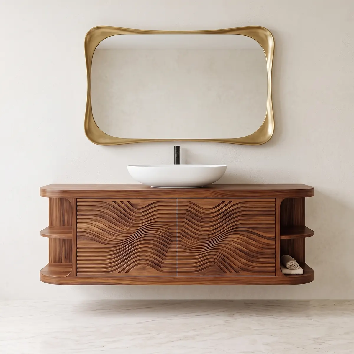 Floating Solid Wood Bathroom Vanity with Double-Door Cabinet & Open Shelves | Wall Mounted Bathroom Vanity with Wave Carved Doors TT006-3MZX2XI