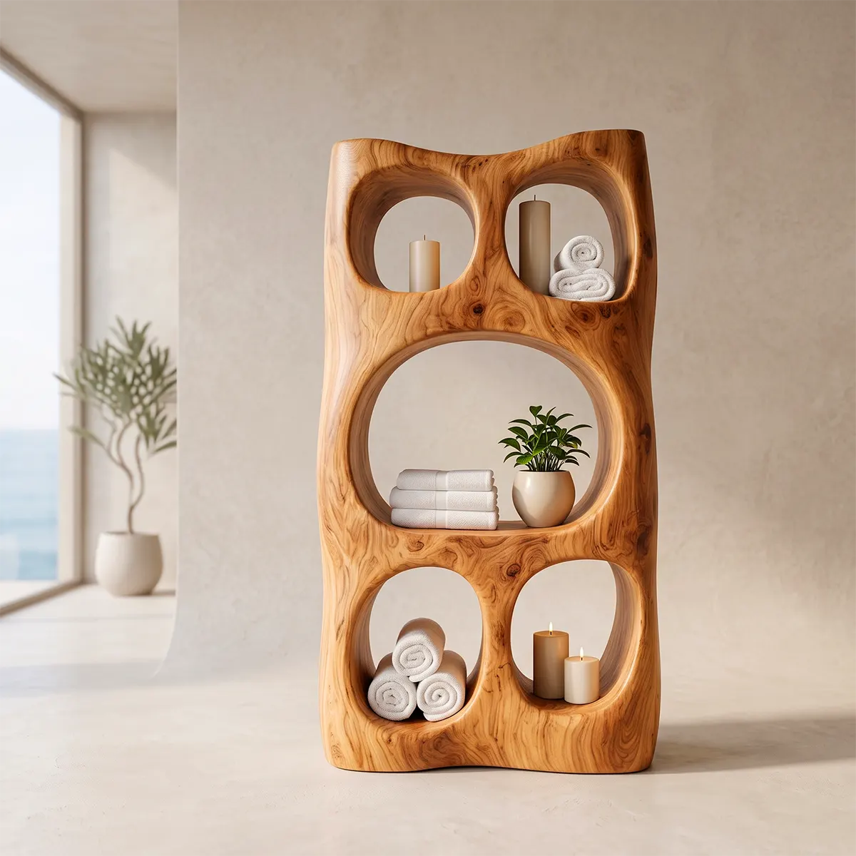 Tall Bathroom Storage Cabinet with Open Shelves | Sculptural Organic Modern Storage Tower