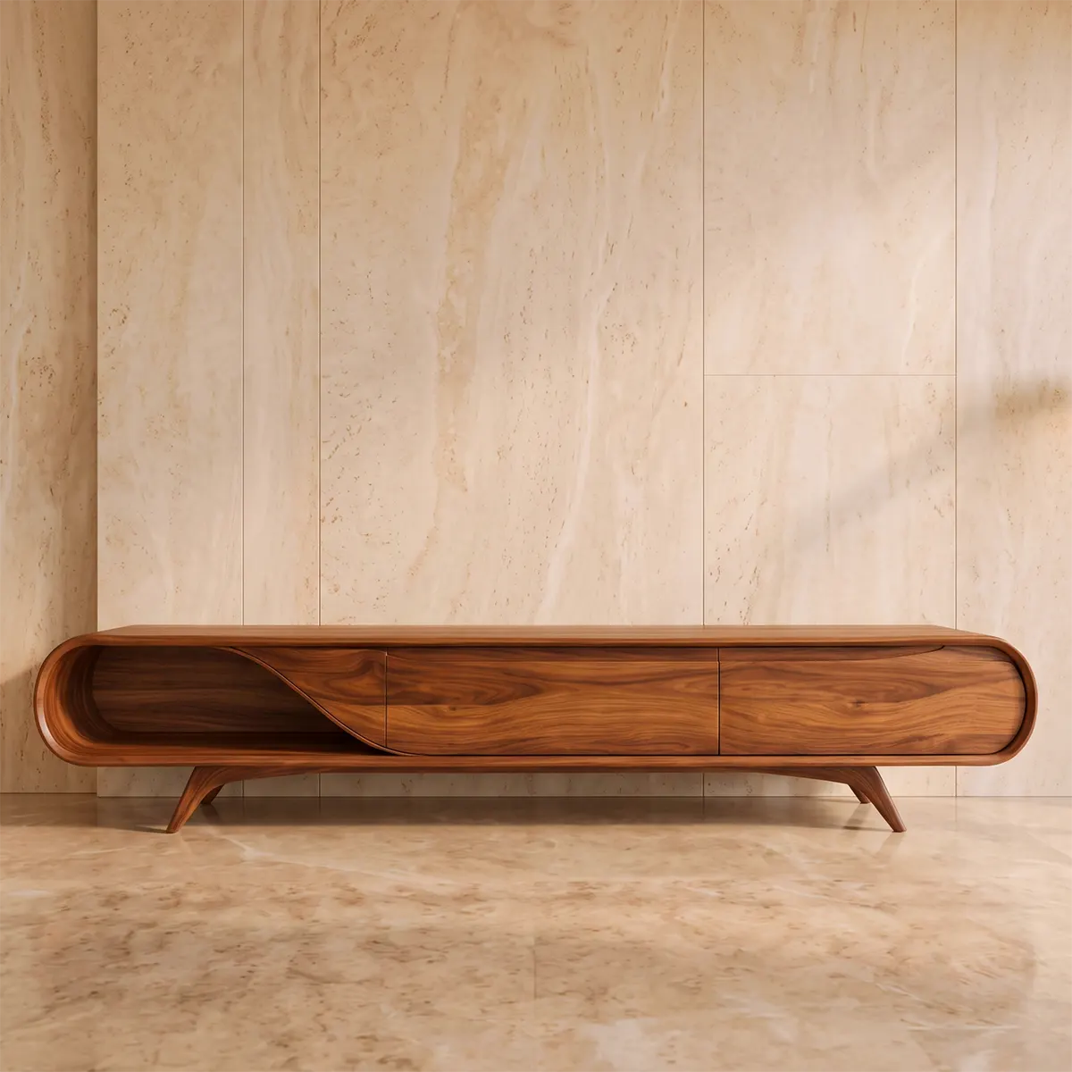 Sculptural Curved TV Stand with 2 Concealed Storage Compartments & Open Shelf | Modern Media Console