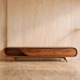 Sculptural Curved TV Stand with 2 Concealed Storage Compartments & Open Shelf | Modern Media Console