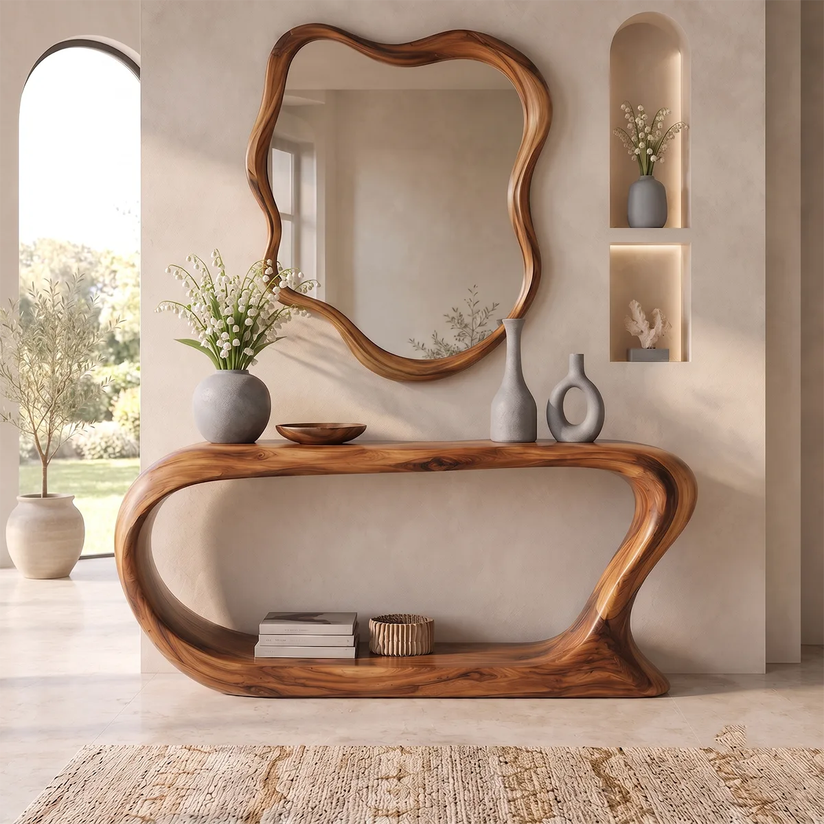 Organic Modern Console Table with Open Shelf & Sculptural Curved Frame for Entryway TT006-6916