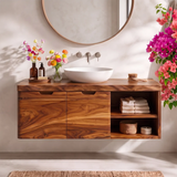 Floating Solid Wood Bathroom Vanity | Wall Mounted Single Sink Vanity with Double-Door Cabinet & Open Side Shelves TT006-8RLE6IL