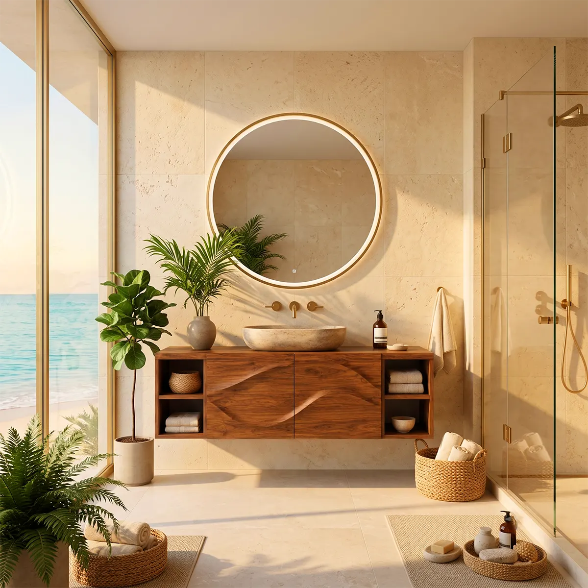 Floating Bathroom Vanity with 2 Carved Wave Doors & 4 Open Storage Compartments