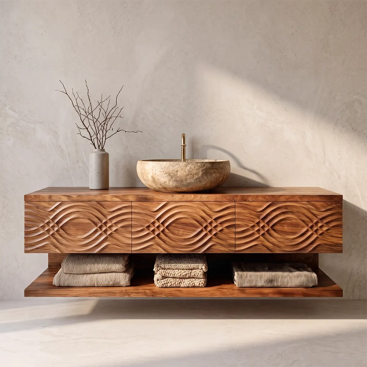 Floating Bathroom Vanity with 3 Drawers & Open Shelf | Carved Wave Front Modern Design