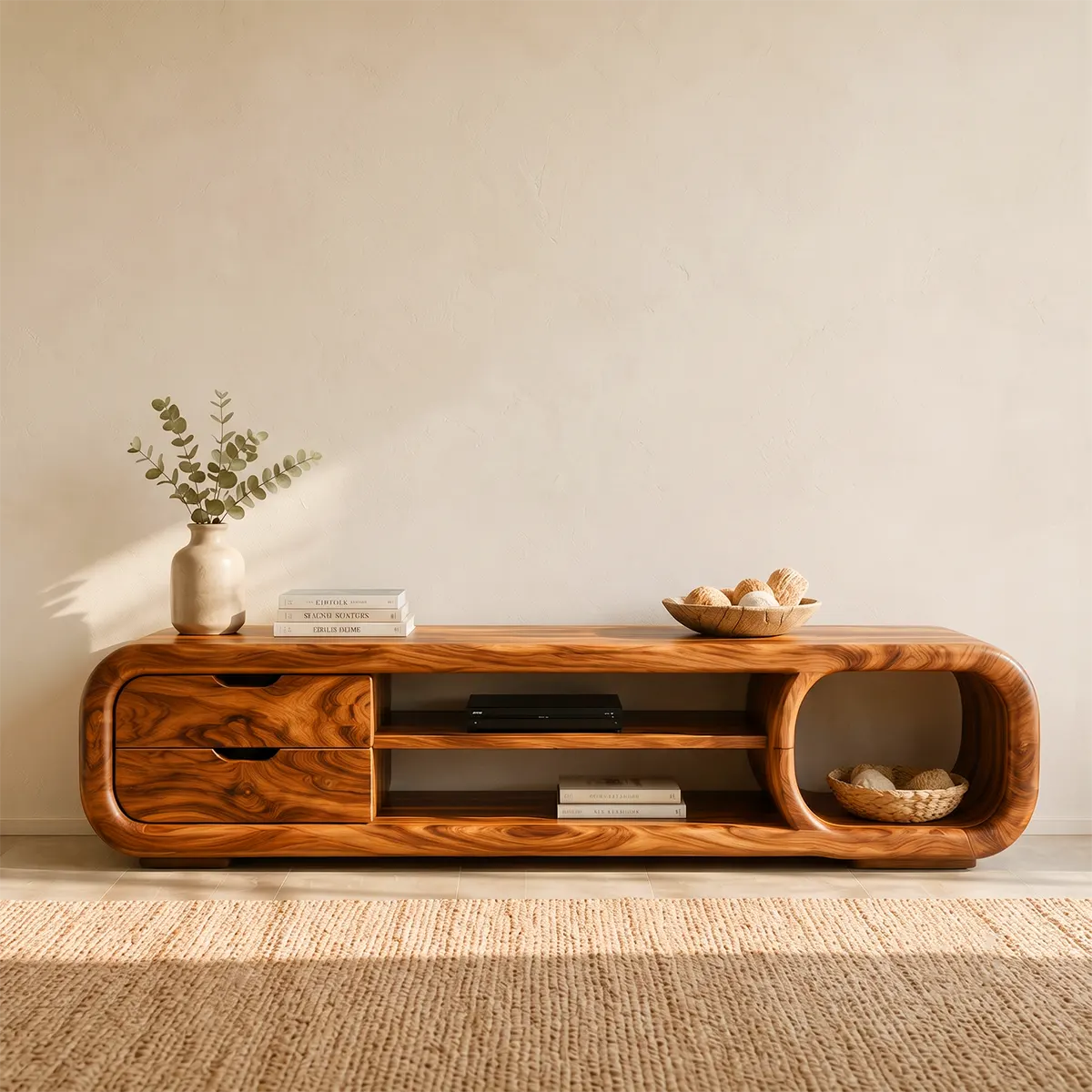 Sculptural Curved TV Stand with 2 Drawers & Open Shelves | Modern Low Profile Media Console