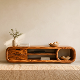 Sculptural Curved TV Stand with 2 Drawers & Open Shelves | Modern Low Profile Media Console