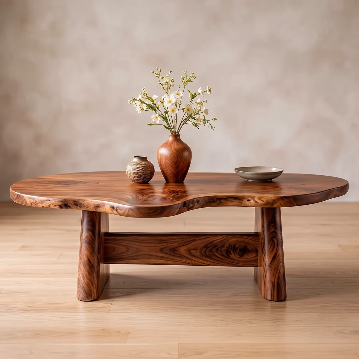 Organic Solid Wood Coffee Table | Live Edge Modern Center Table with Sculptural Base TT006-5632