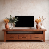 Modern TV Stand with 3 Drawers & Open Shelf | Long Low Profile Media Console