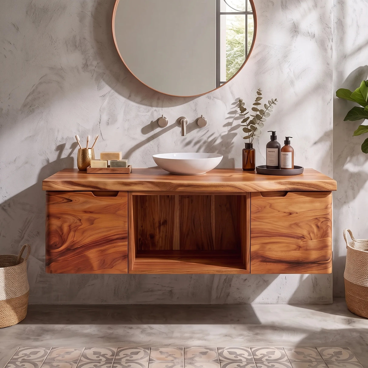 Floating Solid Wood Bathroom Vanity | Live Edge Bathroom Vanity with Double Door Storage and Open Shelf TT006-5OZQ9AW