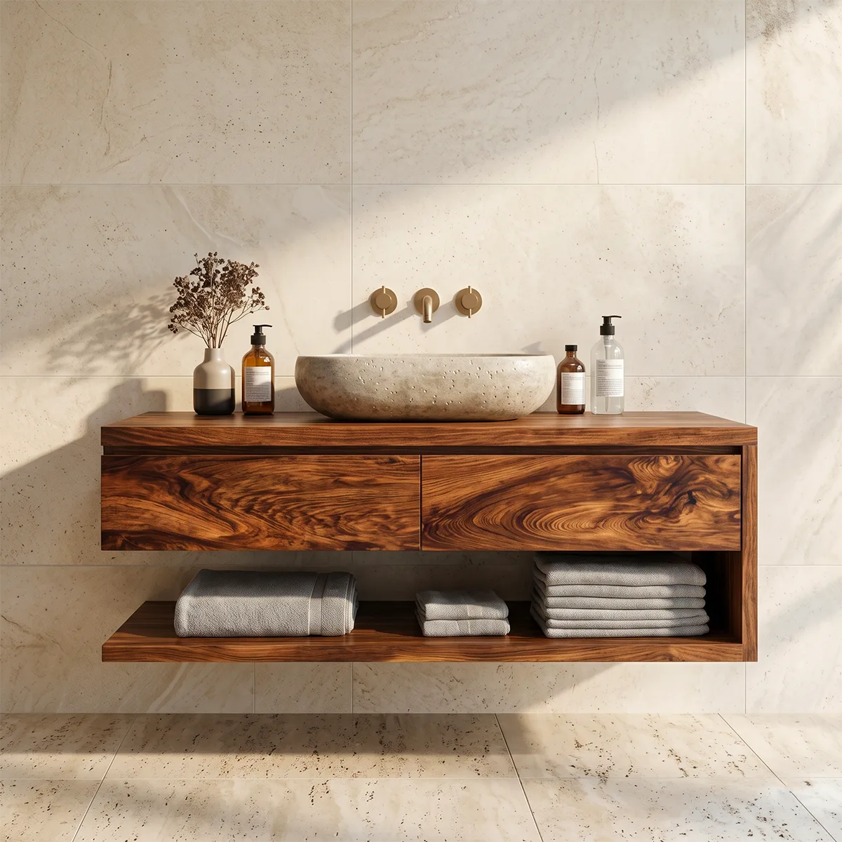 Floating Bathroom Vanity with 2 Drawers & Open Shelf | Modern Minimalist Wall Mounted Design