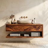 Floating Bathroom Vanity with 2 Drawers & Open Shelf | Modern Minimalist Wall Mounted Design