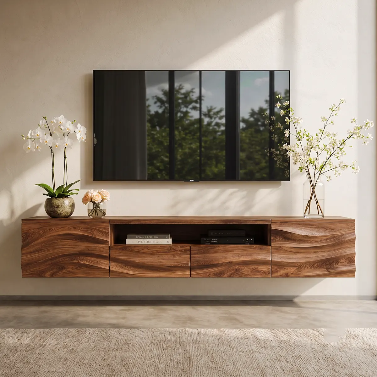Organic Modern Floating TV Stand with Dual Cabinets, Open Shelf & Double Drawers TT006-5QDJ5ZW