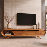 Modern Curved TV Stand with 3 Drawers & Open Storage Areas | Sculptural Media Console