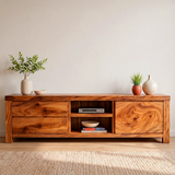 Modern TV Stand with 2 Drawers, Open Shelves & Enclosed Cabinet | Contemporary Media Console