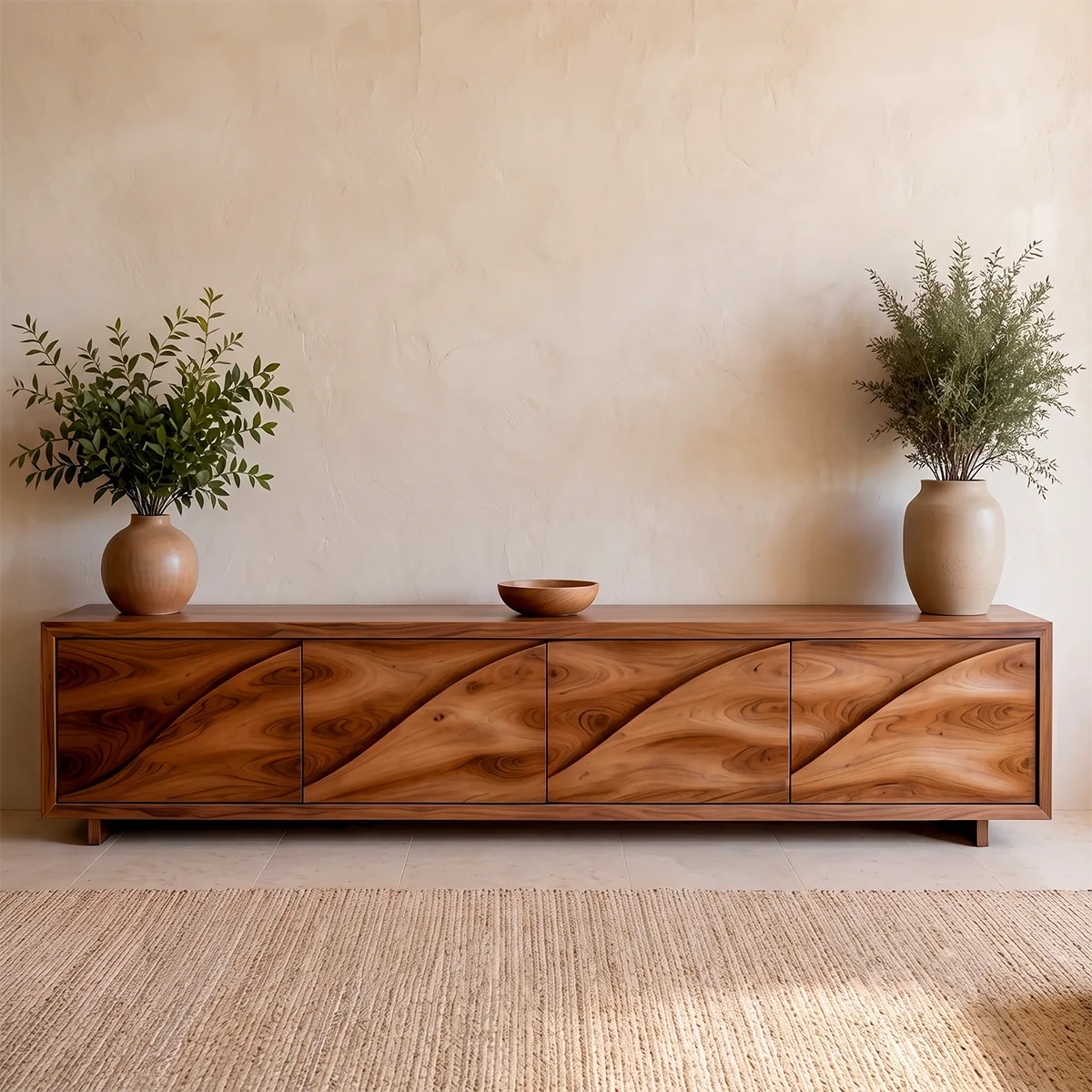 Modern TV Stand with 4 Enclosed Storage Compartments & Sculpted Wave Fronts