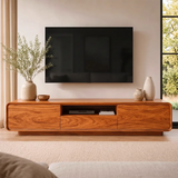 Modern Curved TV Stand with Drawer, Cabinet & Open Shelf | Low Profile Media Console