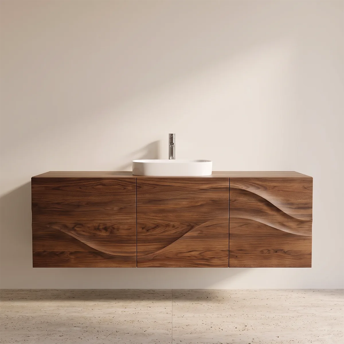 Floating Bathroom Vanity with 3 Doors | Sculpted Wave Front Wall Mounted Vanity Cabinet