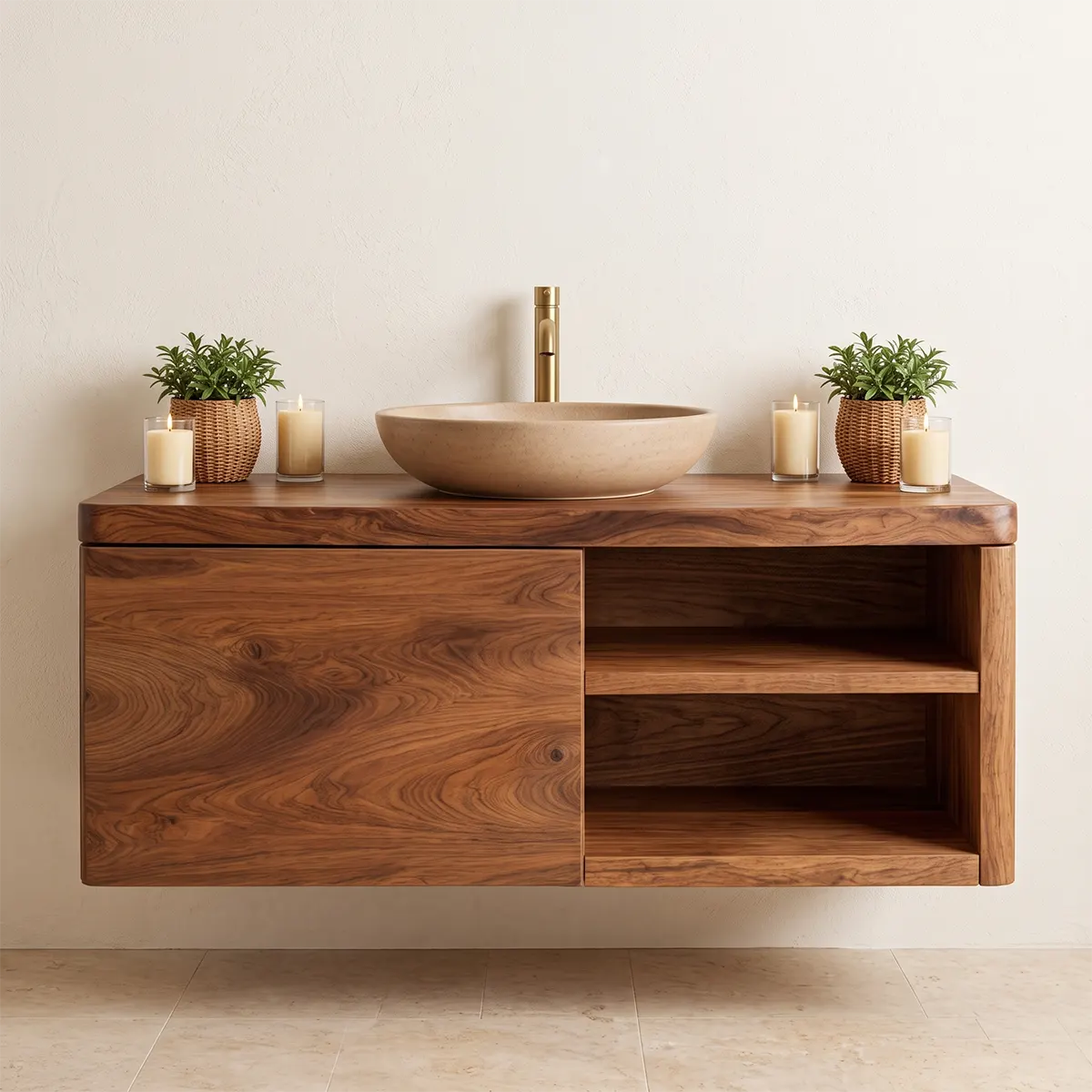 Floating Solid Wood Bathroom Vanity with Single-Door Cabinet & Open Shelves | Wall Mounted Bathroom Vanity with Fixed Storage TT006-5WWS2ST