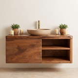 Floating Solid Wood Bathroom Vanity with Single-Door Cabinet & Open Shelves | Wall Mounted Bathroom Vanity with Fixed Storage TT006-5WWS2ST