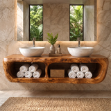 Floating Double Bathroom Vanity with Open Storage Compartments | Sculptural Organic Modern Design