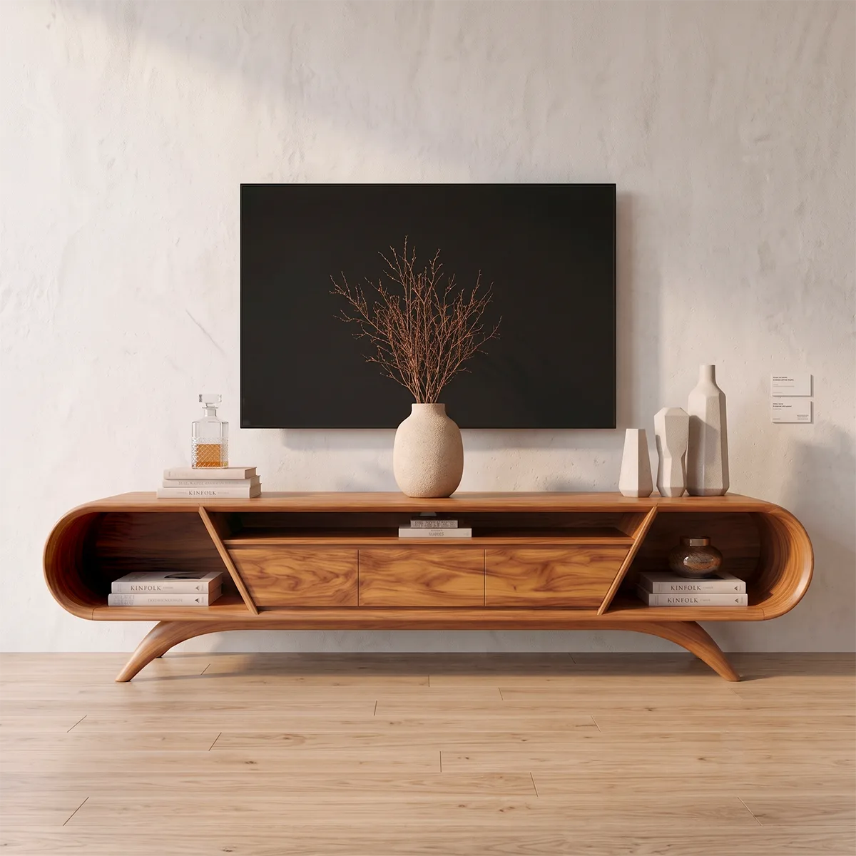 Modern Curved TV Stand with 3 Drawers & 3 Open Storage Areas | Sculptural Media Console