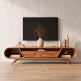 Modern Curved TV Stand with 3 Drawers & 3 Open Storage Areas | Sculptural Media Console